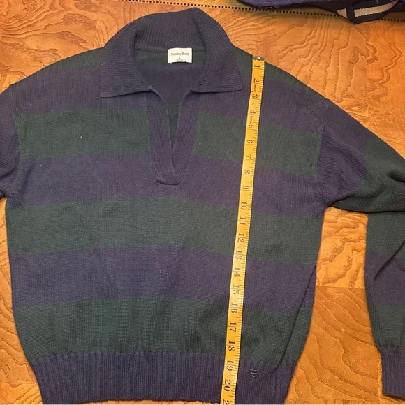 Sunday Best Fine Knit V-Neck Polo Sweater, Navy & Green Stripe, Preppy, Academia - Picture 7 of 7
